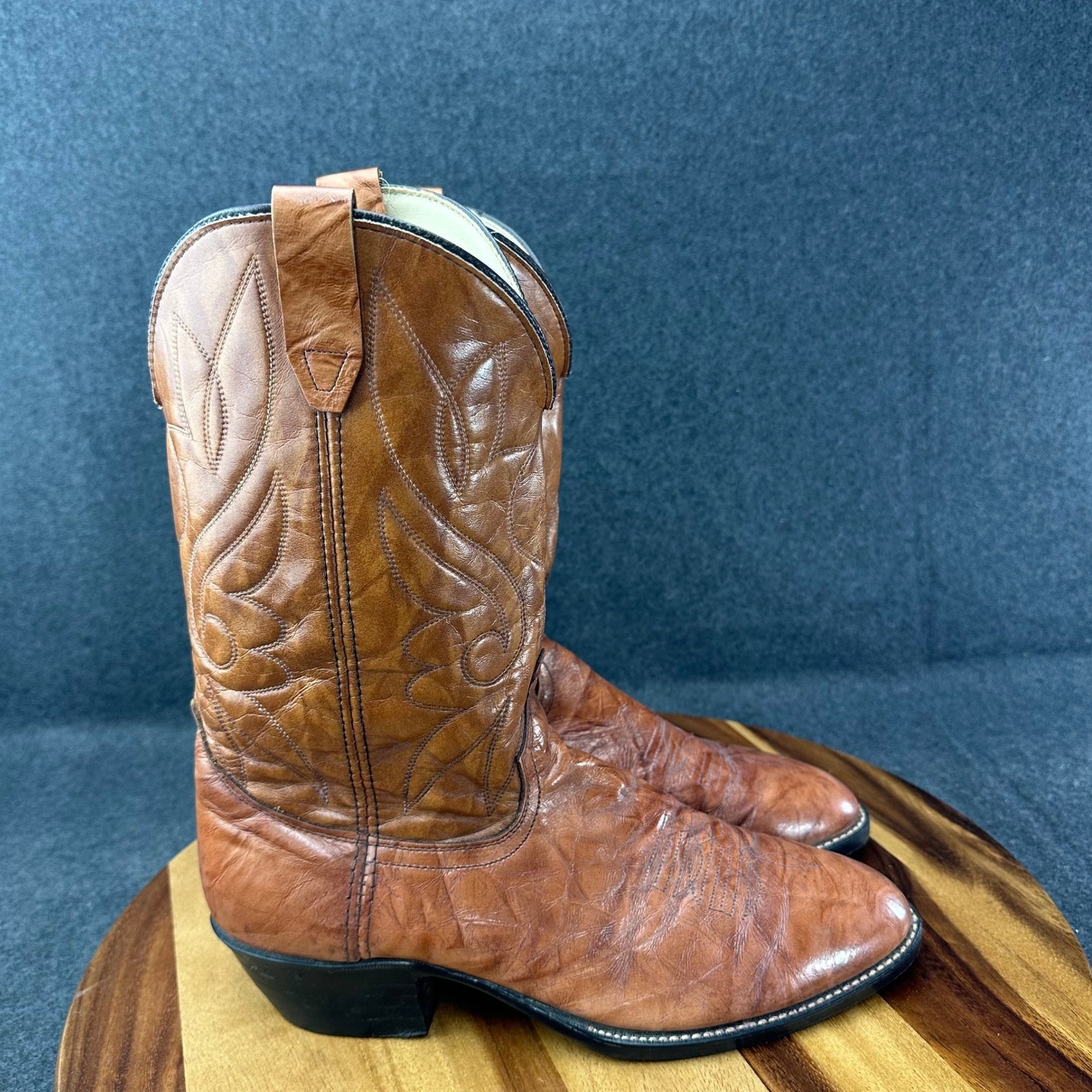 Vintage 70s 80s Made Usa Mens Brown Leather Western Cowboy Boots Sz 10.5d Stitch